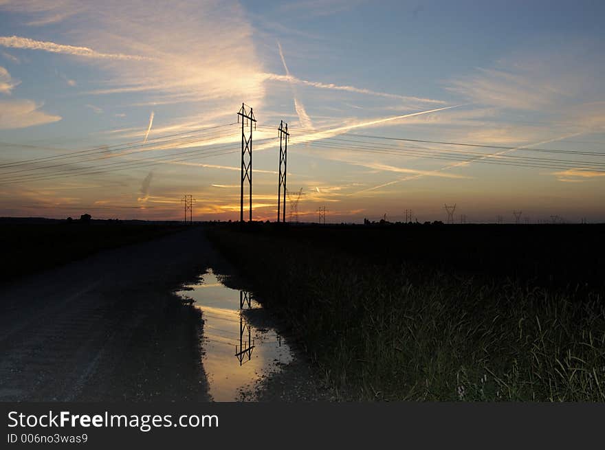 Power lines at sunset