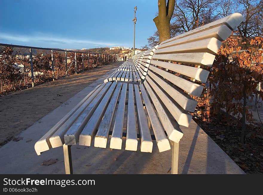 A row of white benches in autumn