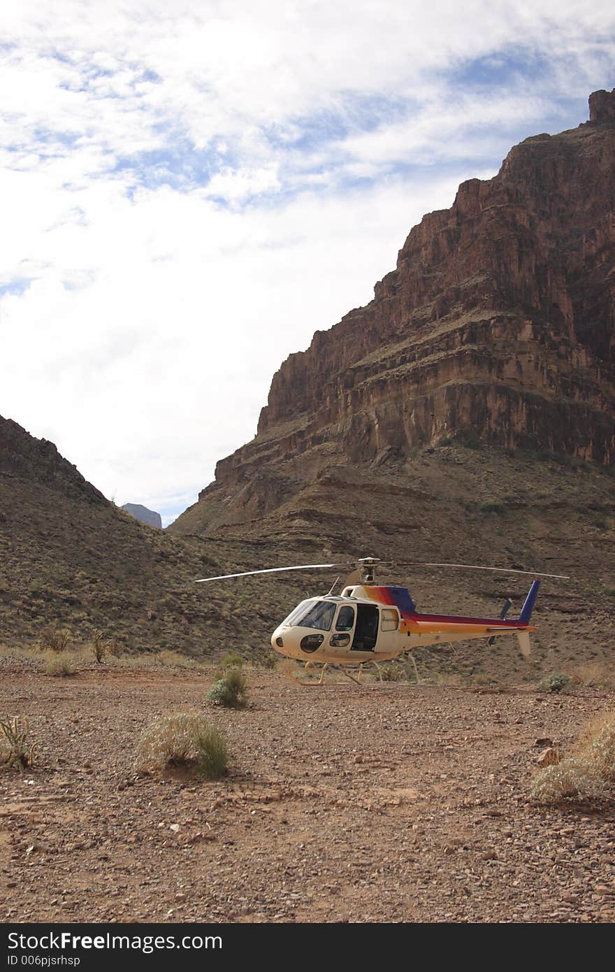 Helicopter landed in the grand Canyon