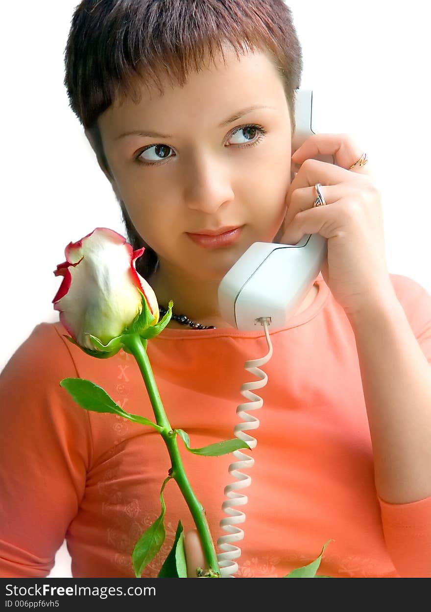 Girl with rose speak phone. Girl with rose speak phone