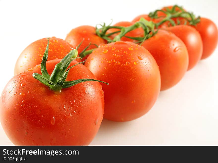 Perspective view of a line of vine tomatoes with shallow depth of field. Perspective view of a line of vine tomatoes with shallow depth of field