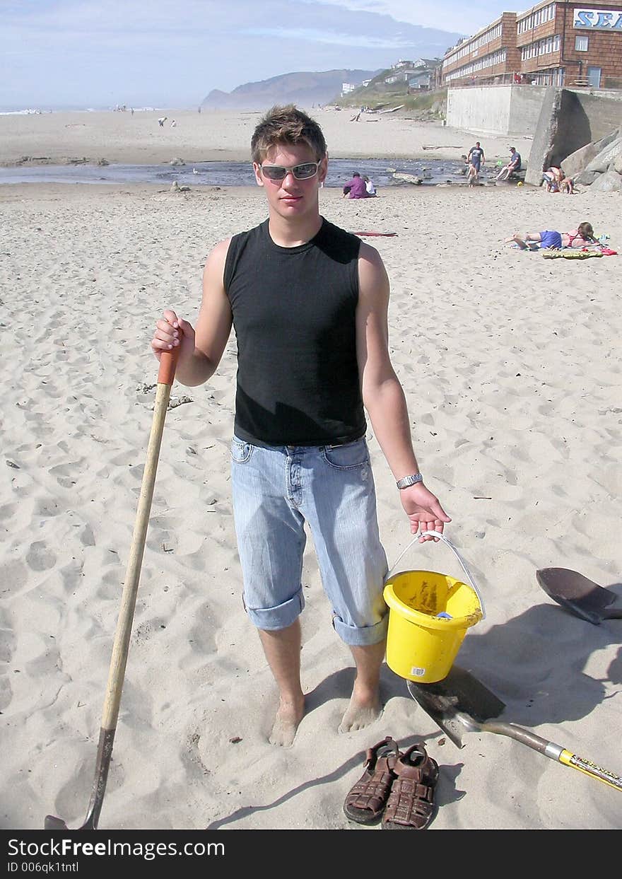 Jonny on the beach in Lincoln City, Oregon getting ready to play in the sand. Jonny on the beach in Lincoln City, Oregon getting ready to play in the sand