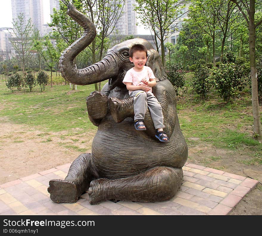 A boy sitting on an elephant