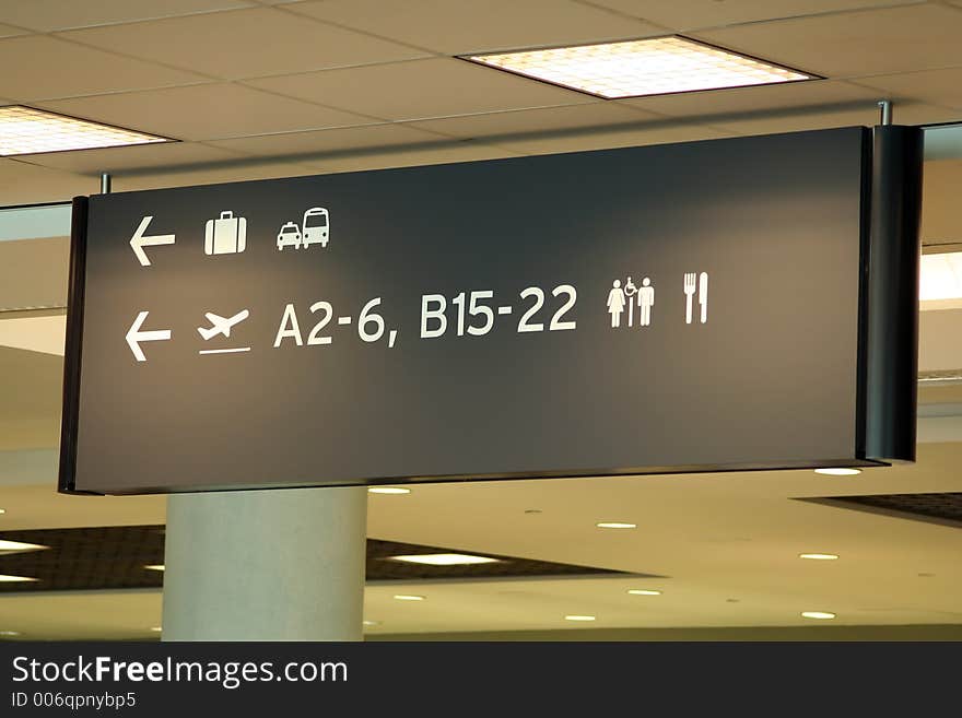 Airport sign directing to departure gates, baggage, ground transportation, etc