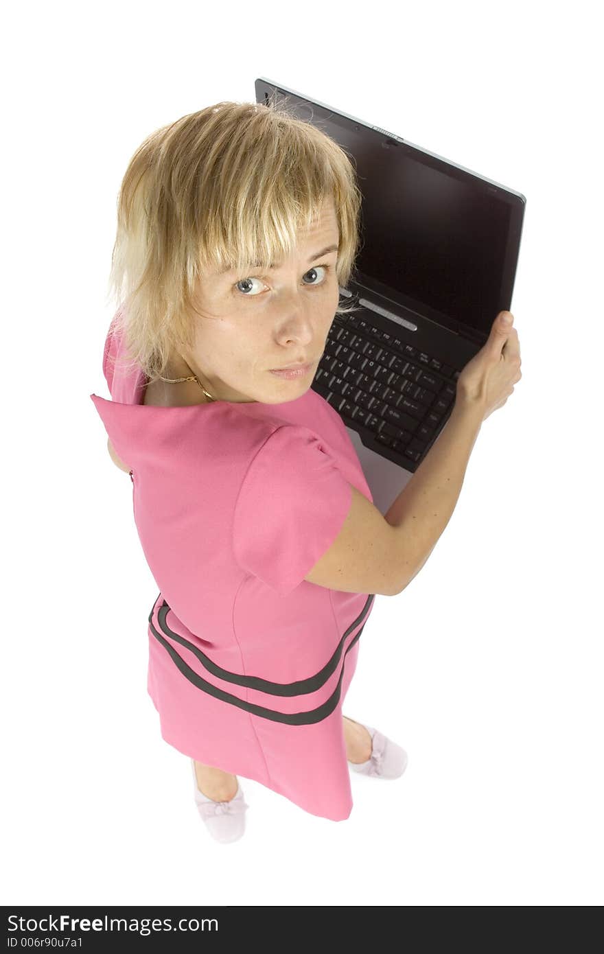 Woman is hiding laptop. Woman is hiding laptop