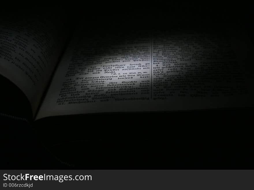 A clandestine reading of a book with a spot light of a German bible