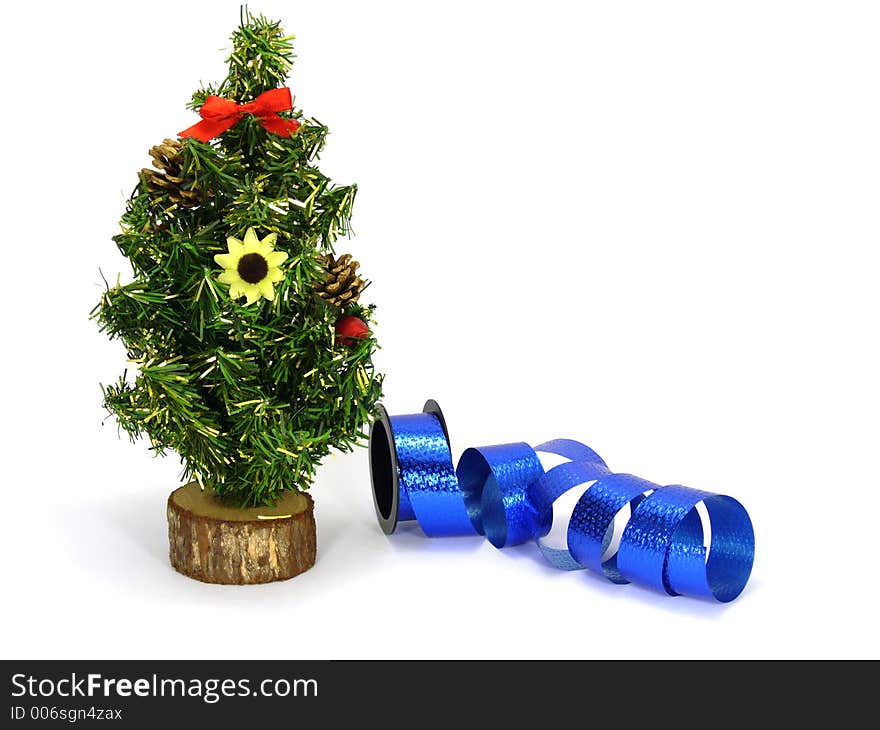 Fake christmas tree and blue decoration ribbon