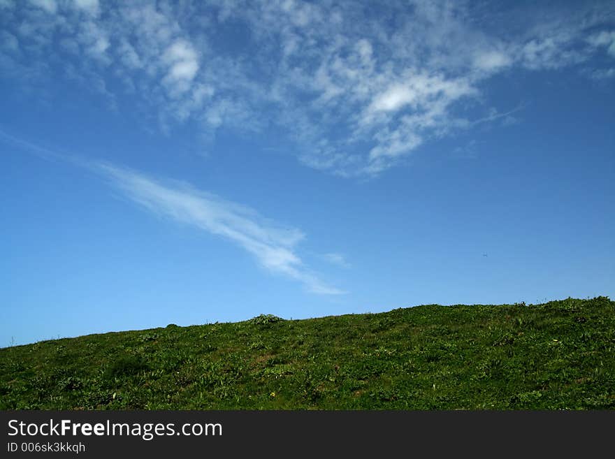 Landscape green grass, blue sky and white clouds