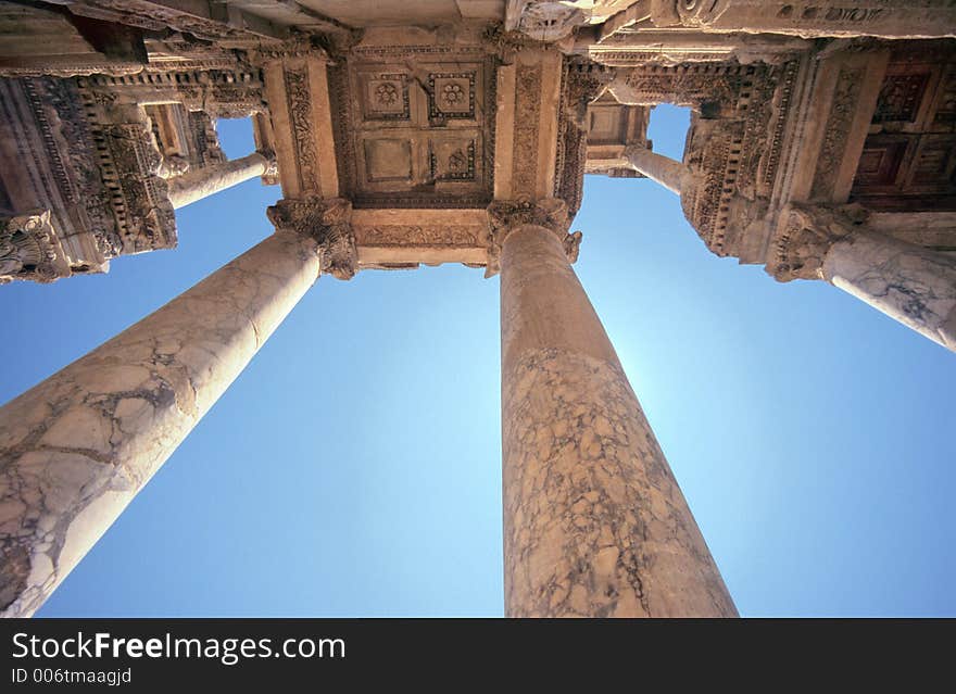 A vertical vision of Celsius Library, famous building in the ancient roman city of Ephesus, Turkey