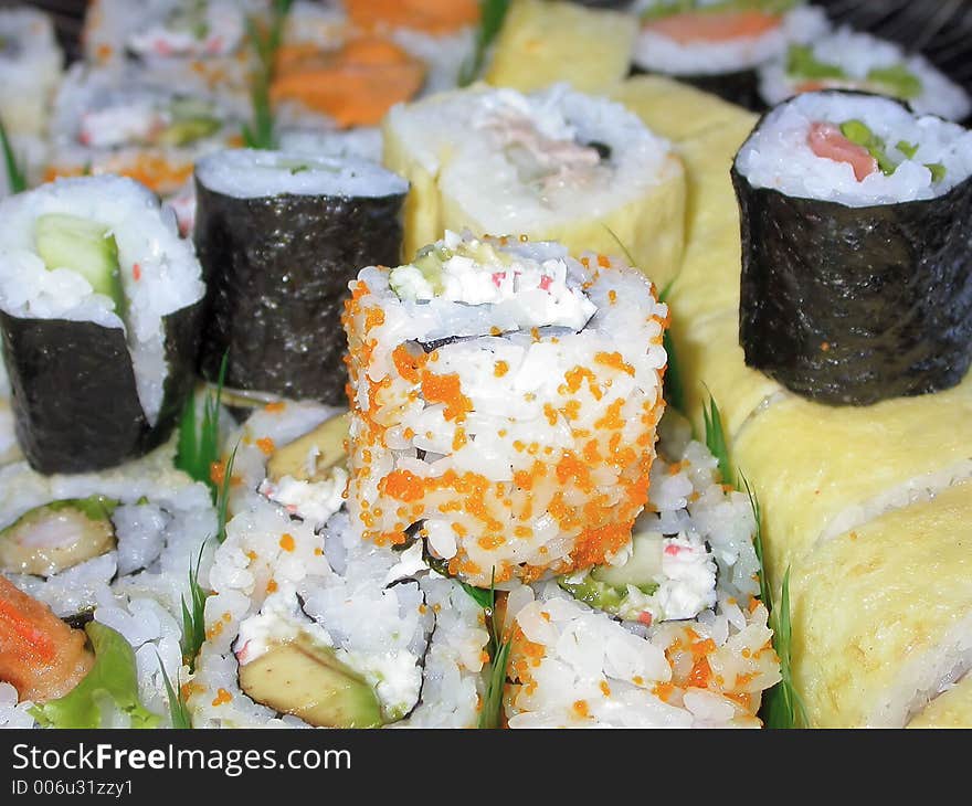 Fresh California rolls, salmon rolles and the house special. Fresh California rolls, salmon rolles and the house special