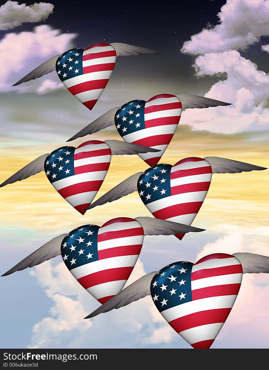 Winged USA hearts in formation. Winged USA hearts in formation