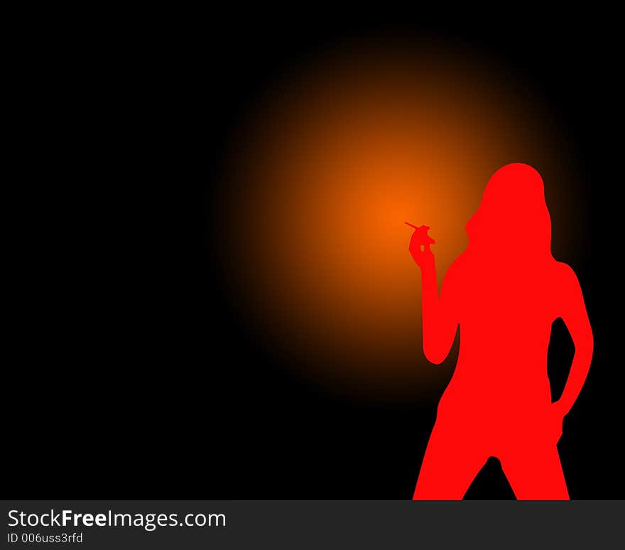 Red woman shape on black background. Orange glow around cigarette. Red woman shape on black background. Orange glow around cigarette.