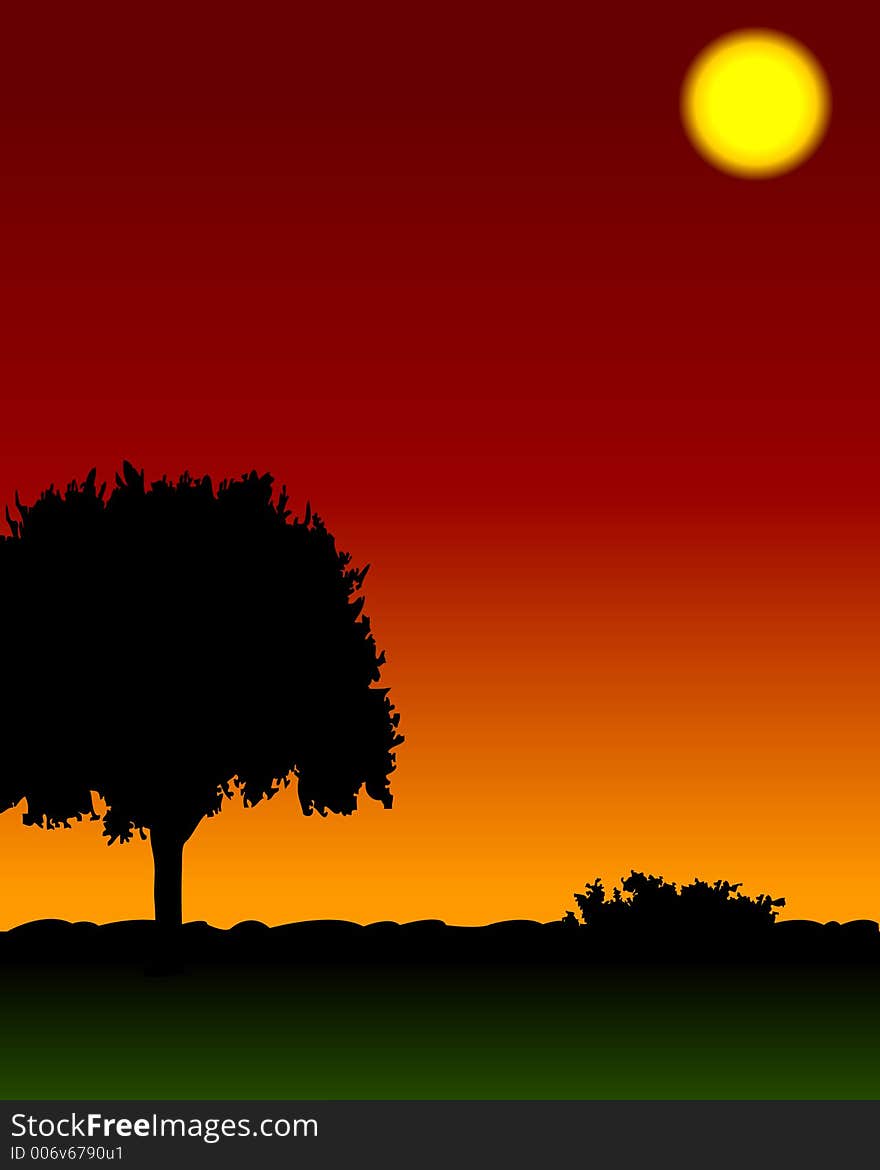 Illustration of sunset with tree