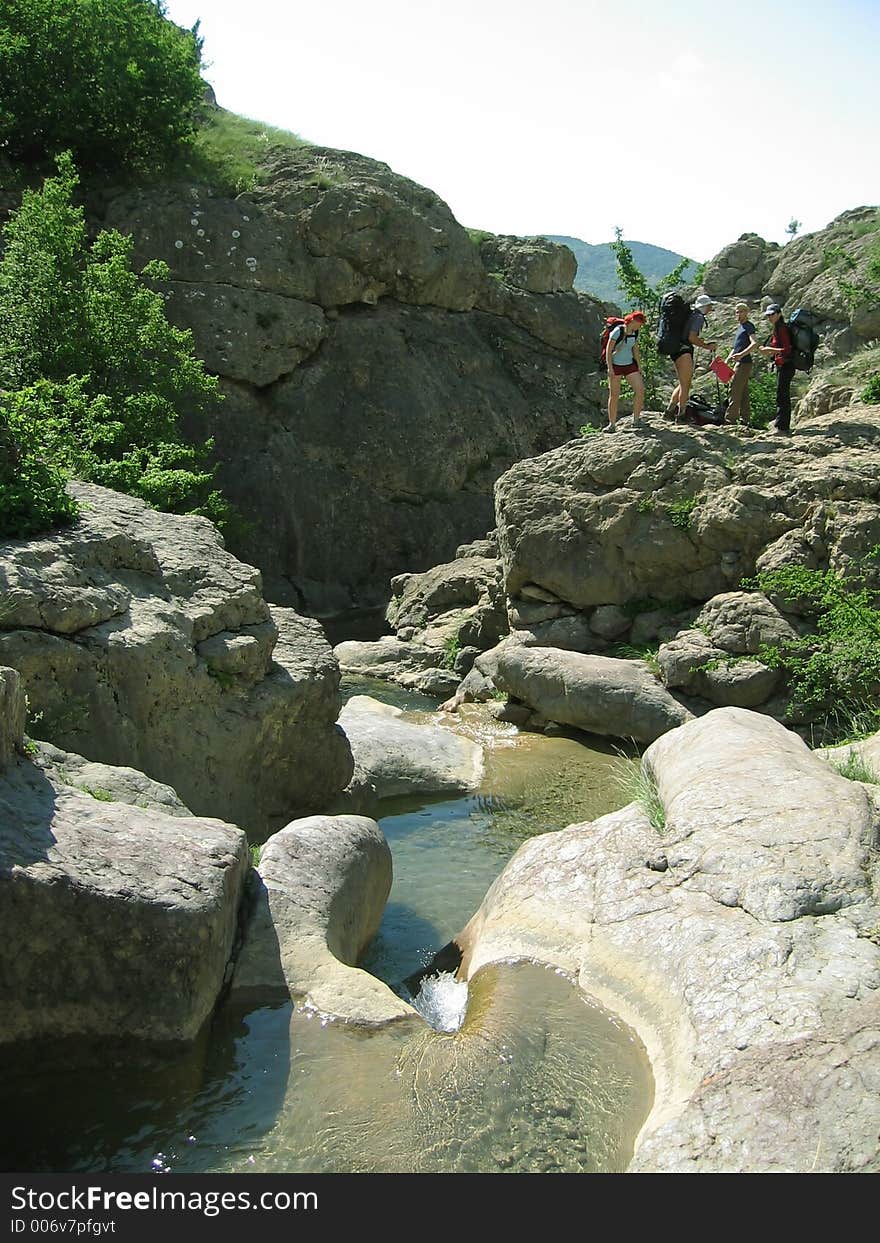 Four climbers in the canyon. Four climbers in the canyon