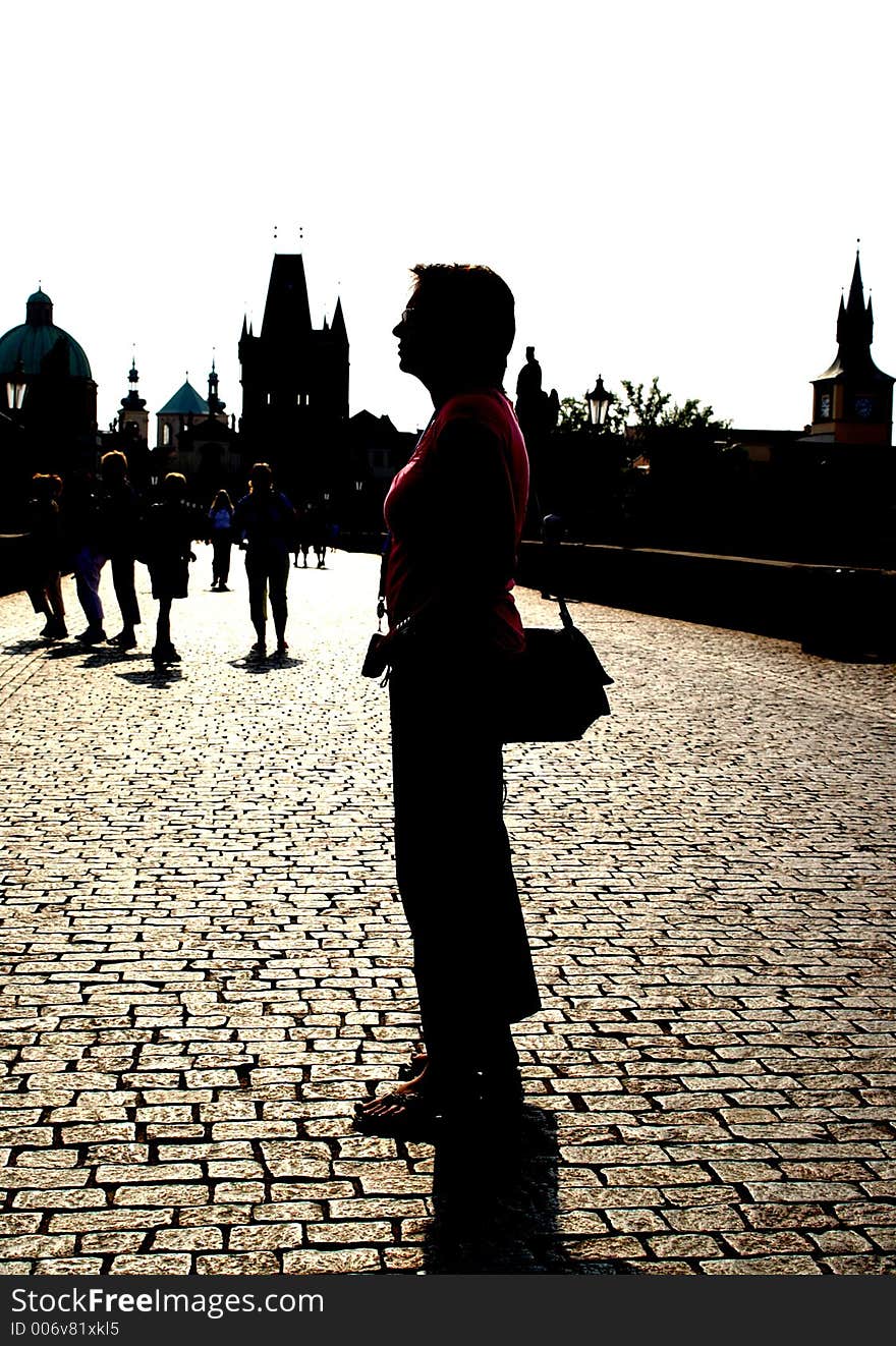 Silhouette on charles bridge in Prague