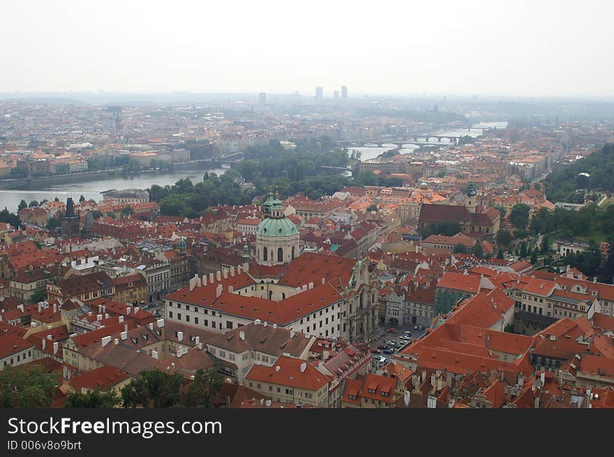 Roofs, Vltava river,  a tower. Roofs, Vltava river,  a tower