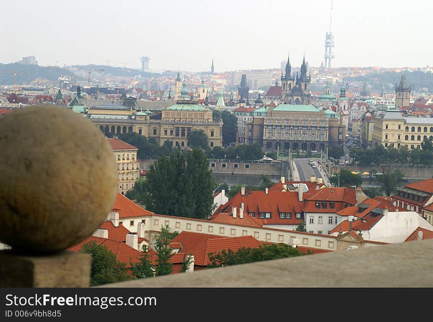 Roofs, Vltava river, palaces and a sphere. Roofs, Vltava river, palaces and a sphere