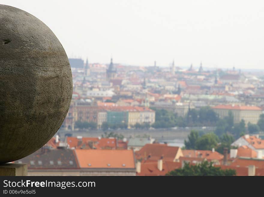 Roofs, Vltava river, palaces and a sphere. Roofs, Vltava river, palaces and a sphere