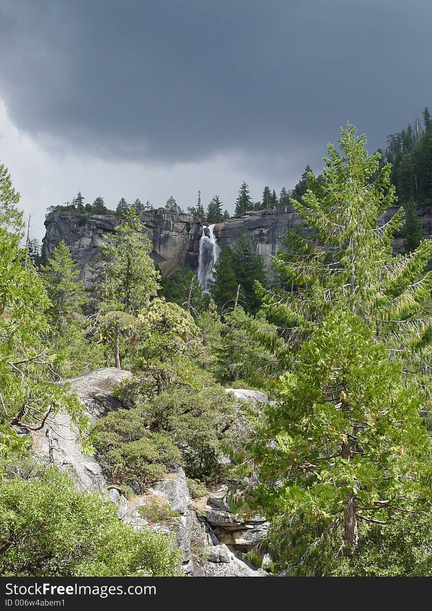 Vernal Falls, Yosemite National Park, California. These falls feed the Emerald Pool, which then turns into another set of falls. Very few hike in this far to see the falls, so it turns out to be a rare photo.