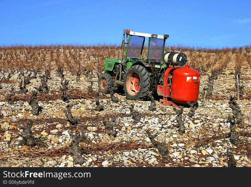 Green and red tractor in vineyard in french south.