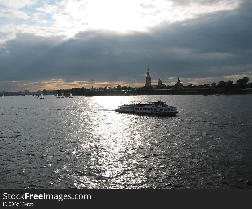 Neva river and the Peter and Pauls' fortress in the evening. Neva river and the Peter and Pauls' fortress in the evening