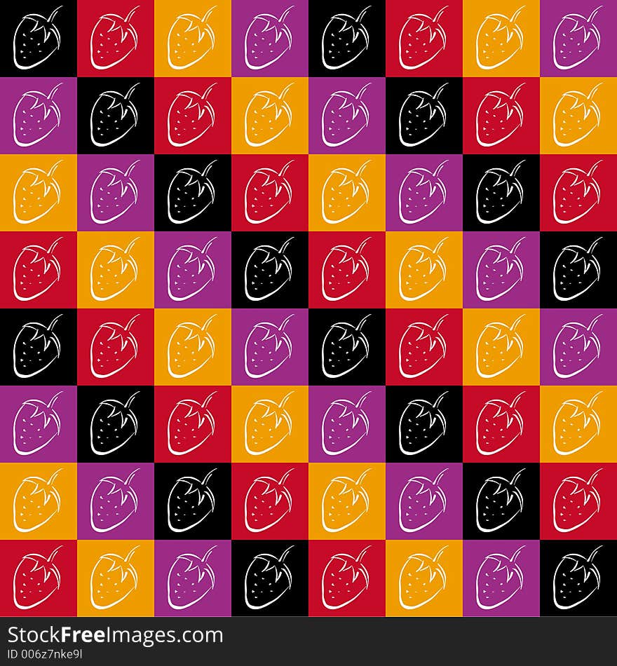 An hand drawn image of a strawberry shown as a repeat pattern over squares of black, red, yellow and purple. An hand drawn image of a strawberry shown as a repeat pattern over squares of black, red, yellow and purple