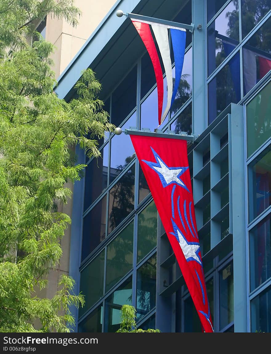 Vivid red, white and blue banners on the river walk in san antonio. Vivid red, white and blue banners on the river walk in san antonio