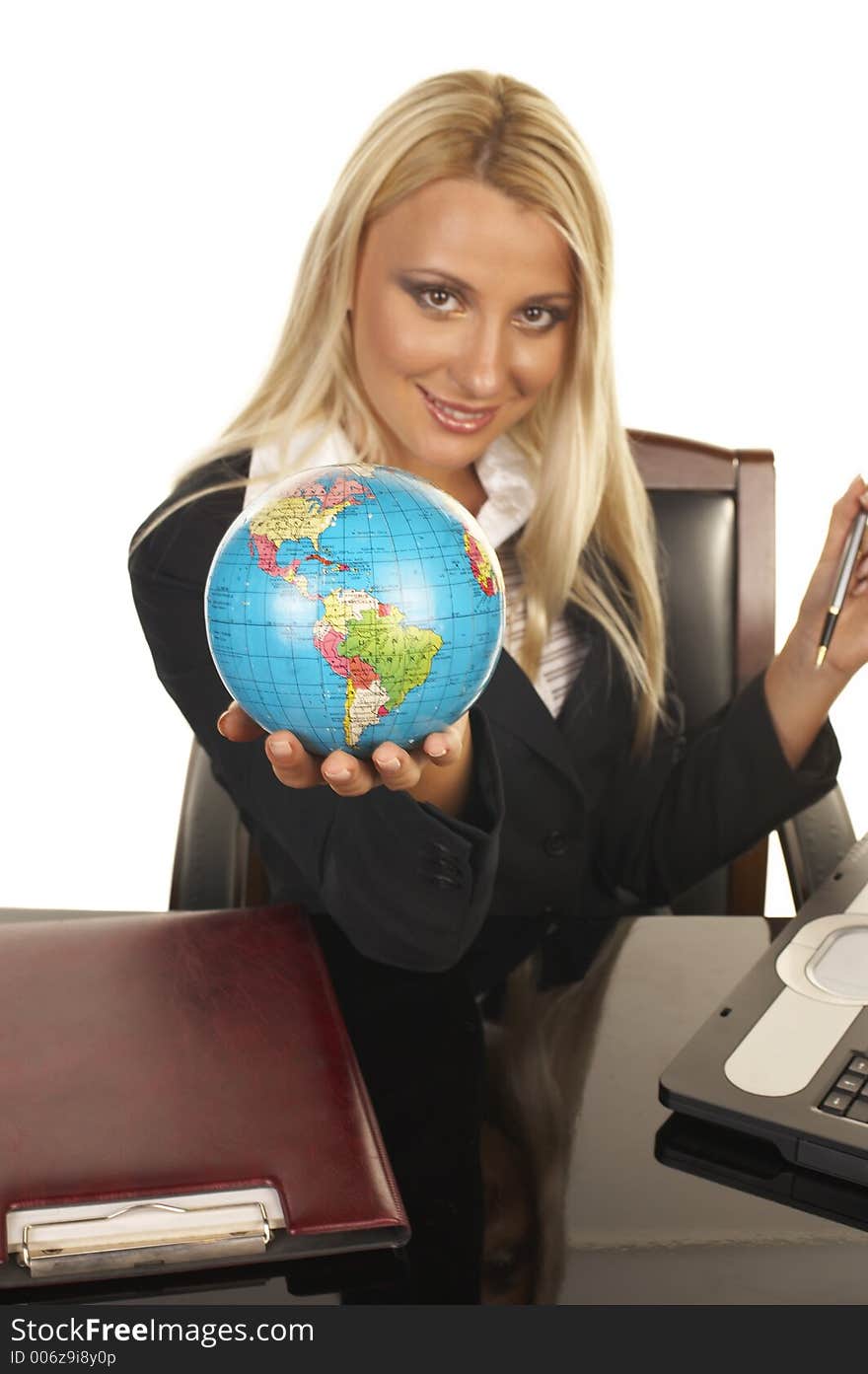 Young businesswoman with globe in her hand. Young businesswoman with globe in her hand