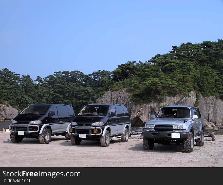 Three jeeps in an outdoor area-Matsushima Bay,Japan. Three jeeps in an outdoor area-Matsushima Bay,Japan.