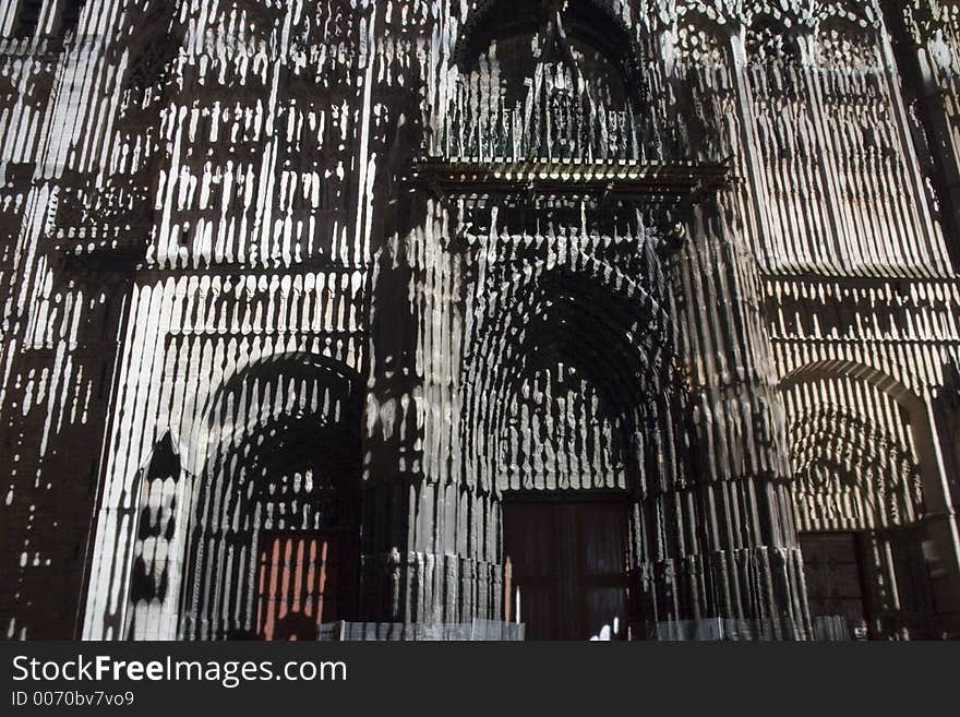 Rouen Cathedral in France lit up by projected patterns and color. Tribute to Monet and his study of this building. Rouen Cathedral in France lit up by projected patterns and color. Tribute to Monet and his study of this building.