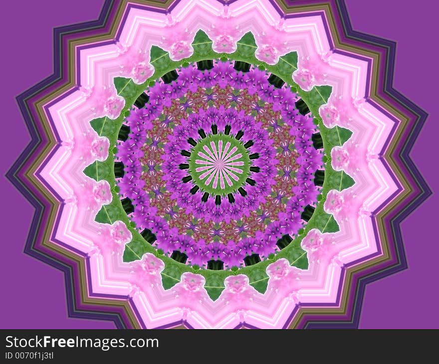 Pink and Lavendar are set off by touches of green in this kaleidescope. Pink and Lavendar are set off by touches of green in this kaleidescope.