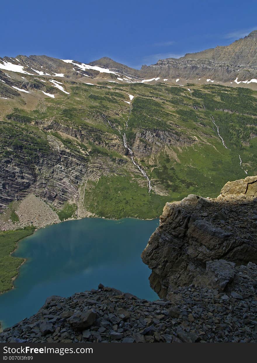 This image of Gunsight Lake was taken from high above the lake while hiking. This image of Gunsight Lake was taken from high above the lake while hiking.