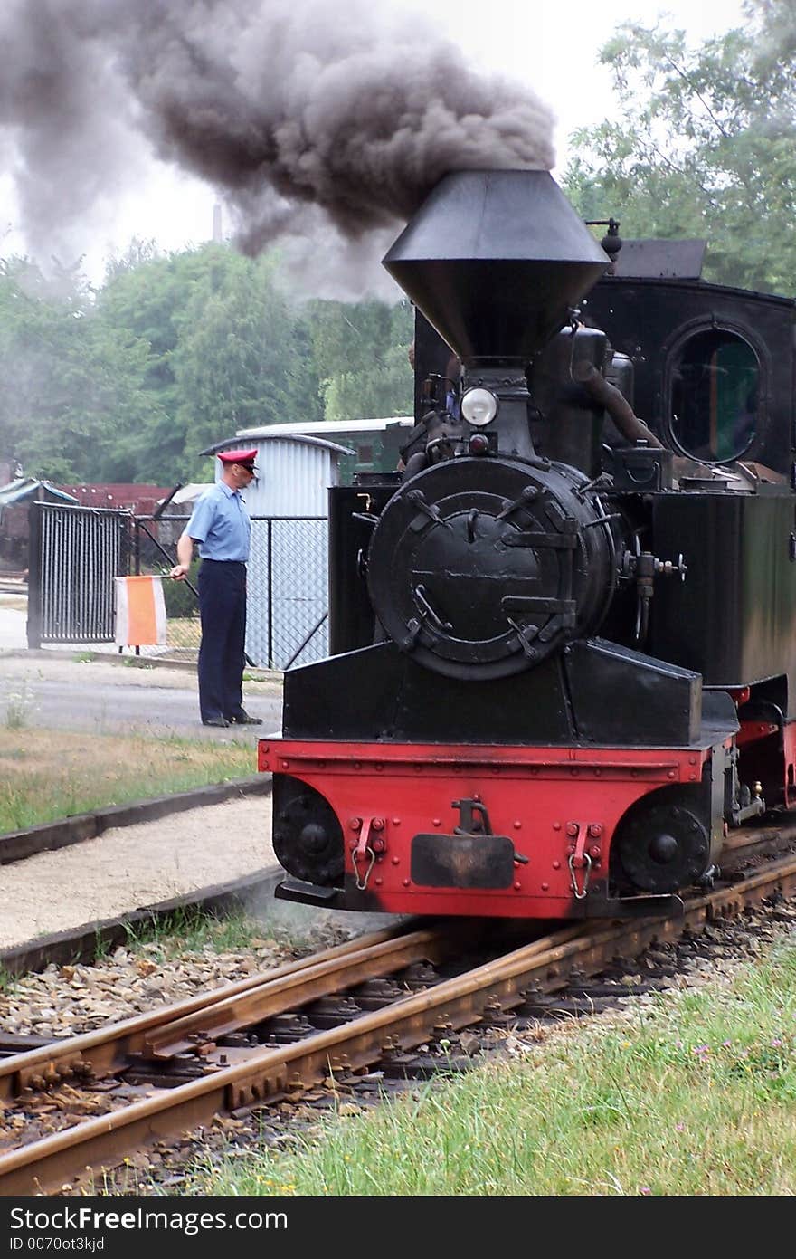 Schmalspur steam locomotive at the railroad overpass, forest railway, bad muskau, Germany. Schmalspur steam locomotive at the railroad overpass, forest railway, bad muskau, Germany