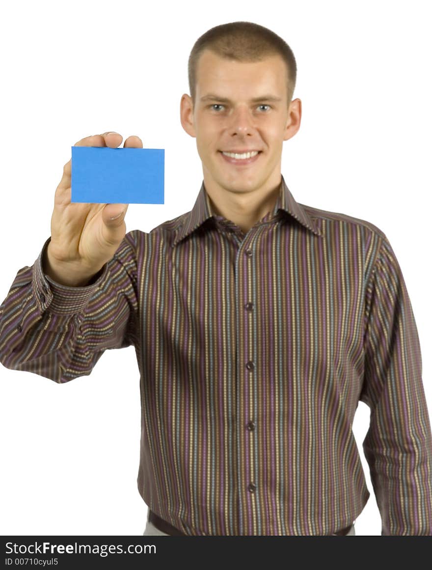 Man with message board (focus on card). Man with message board (focus on card)