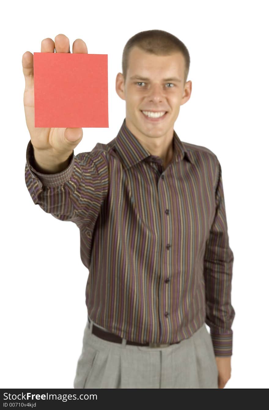 Man with message board (focus on card). Man with message board (focus on card)