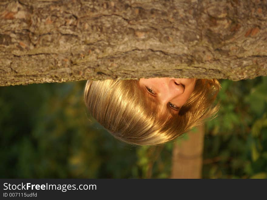 11 years old boy hiding behind the tree. 11 years old boy hiding behind the tree