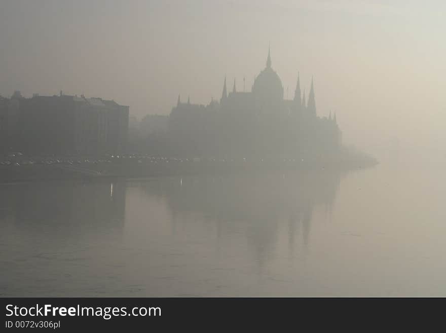 Misty budapest parliment building