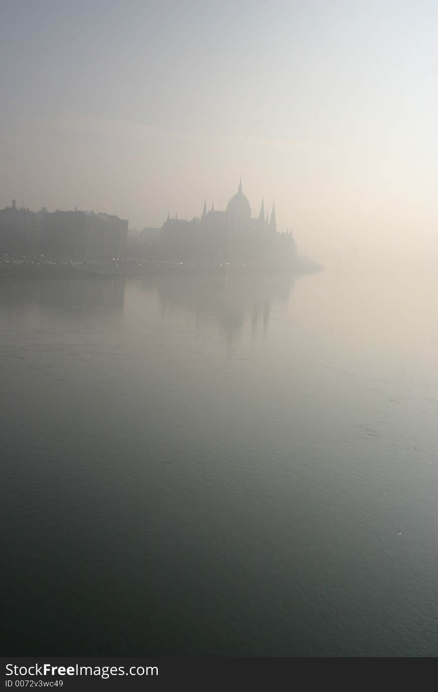 Misty budapest parliment building