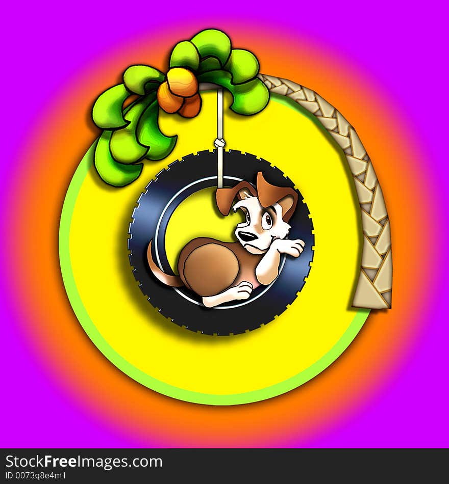 A fun, whimsical illustration of a puppy in a tire swing hanging from a palm tree