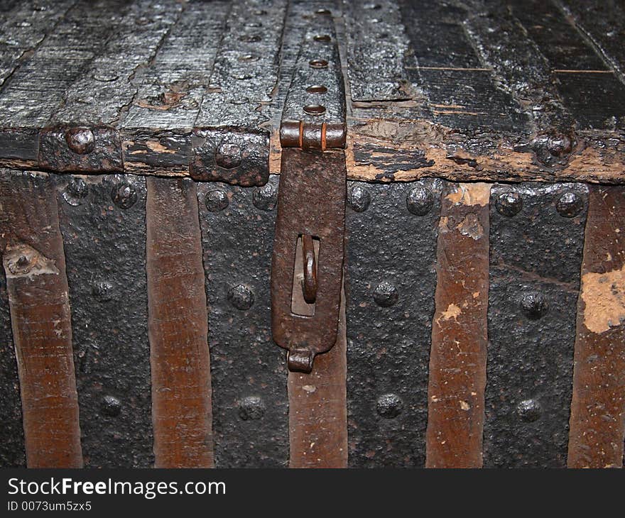 A detail view of an old oak chest in Wells Cathedral, Somerset, England