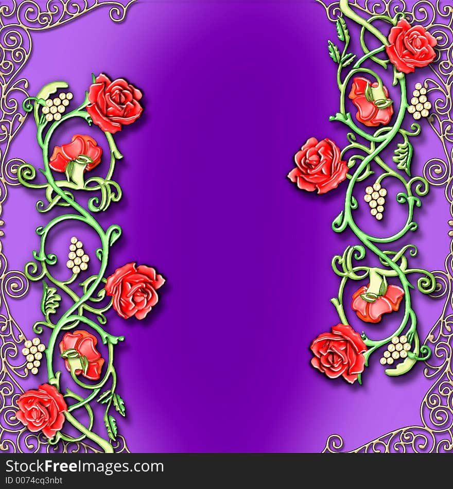 An illustration of a woodcut inspired floral motif recreated in glass depicting red roses. An illustration of a woodcut inspired floral motif recreated in glass depicting red roses