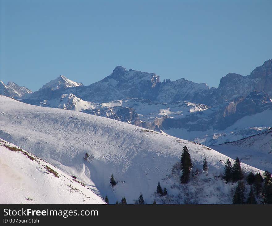 A view of the Swiss mountains high above Emmetten. This photograph was taken in the winter. A view of the Swiss mountains high above Emmetten. This photograph was taken in the winter.