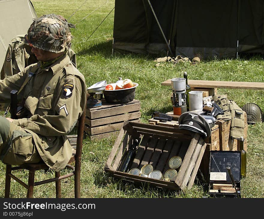 Soldiers in scene, Bullets, gun, food. Soldiers in scene, Bullets, gun, food