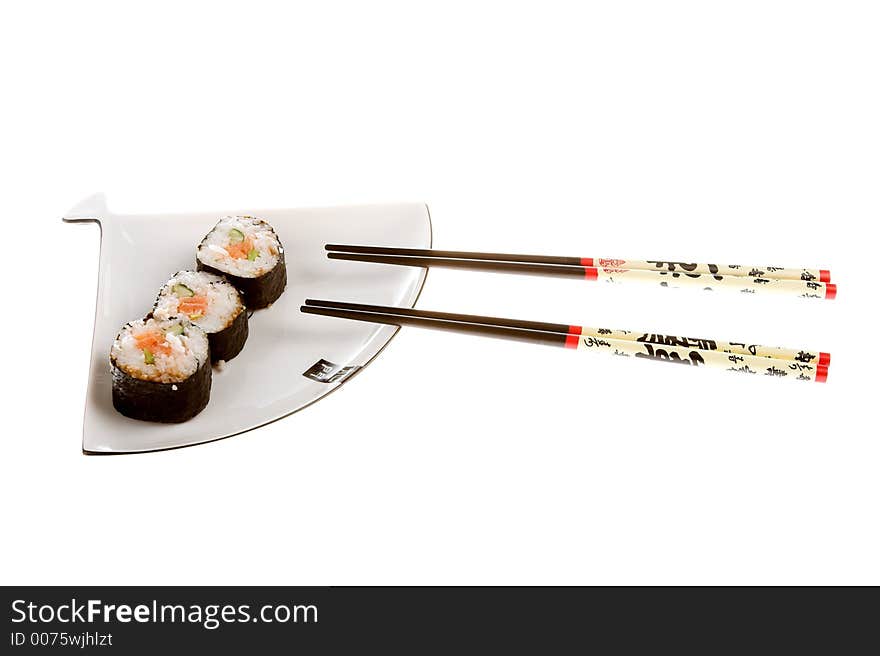 Sushi on a plate. Isolated on a white background.