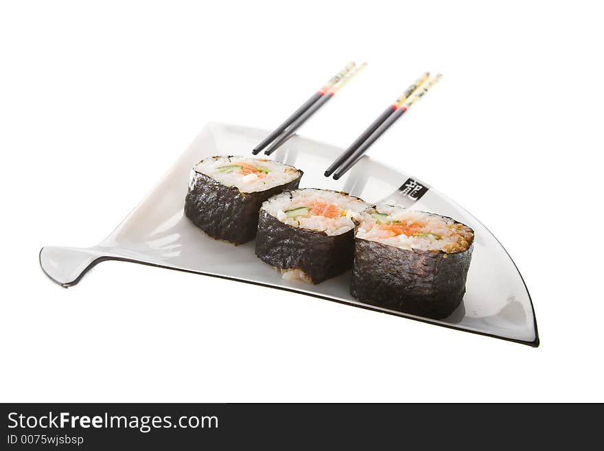 Sushi on a plate. Isolated on a white background.