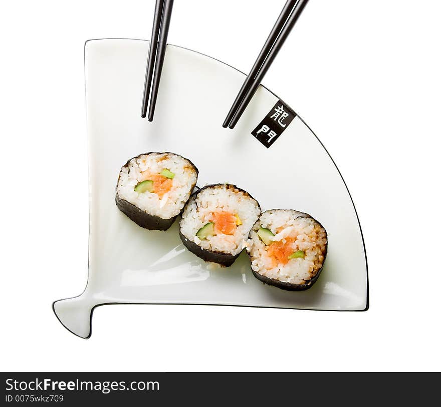 Sushi on a plate. Isolated on a white background.