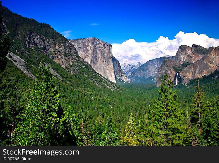 Tunnel View at Yosemite National park offers a beautiful panorama of Yosemite Valley with El Capitan on the left, Bridalveil Fall on the right and Half Dome in the center. Tunnel View at Yosemite National park offers a beautiful panorama of Yosemite Valley with El Capitan on the left, Bridalveil Fall on the right and Half Dome in the center.