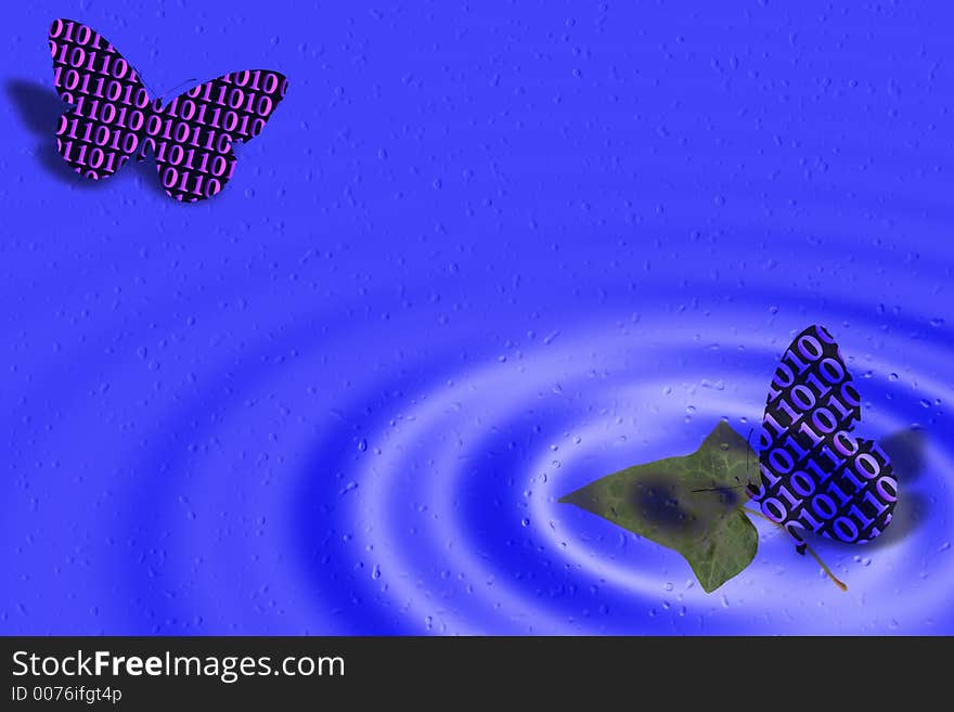 Stock Image with Water Ripples and Binary Code Butterflies