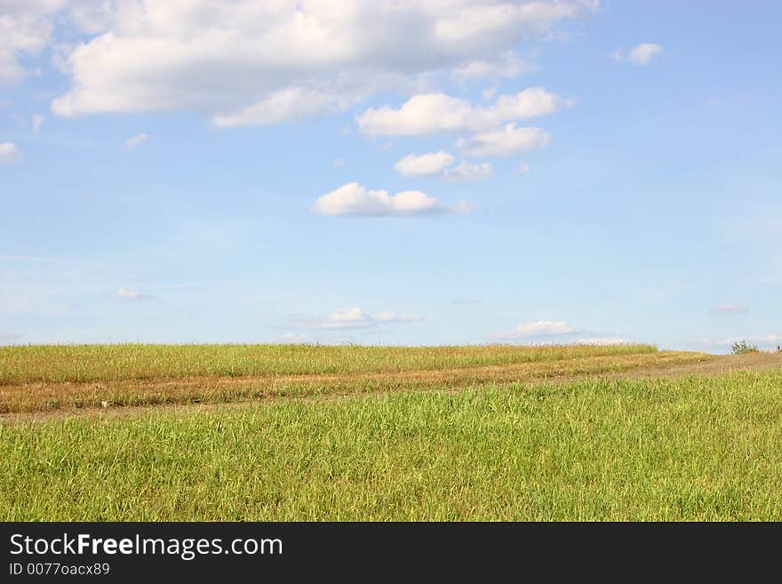 A road through green field of grass reaches the sky of blue. A road through green field of grass reaches the sky of blue