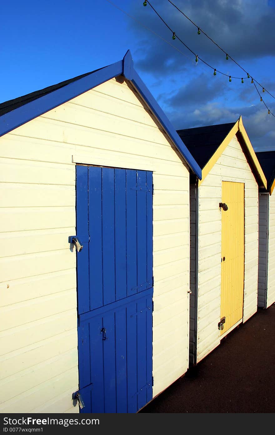 Traditional British seaside beach huts, photographed at Torquay, England